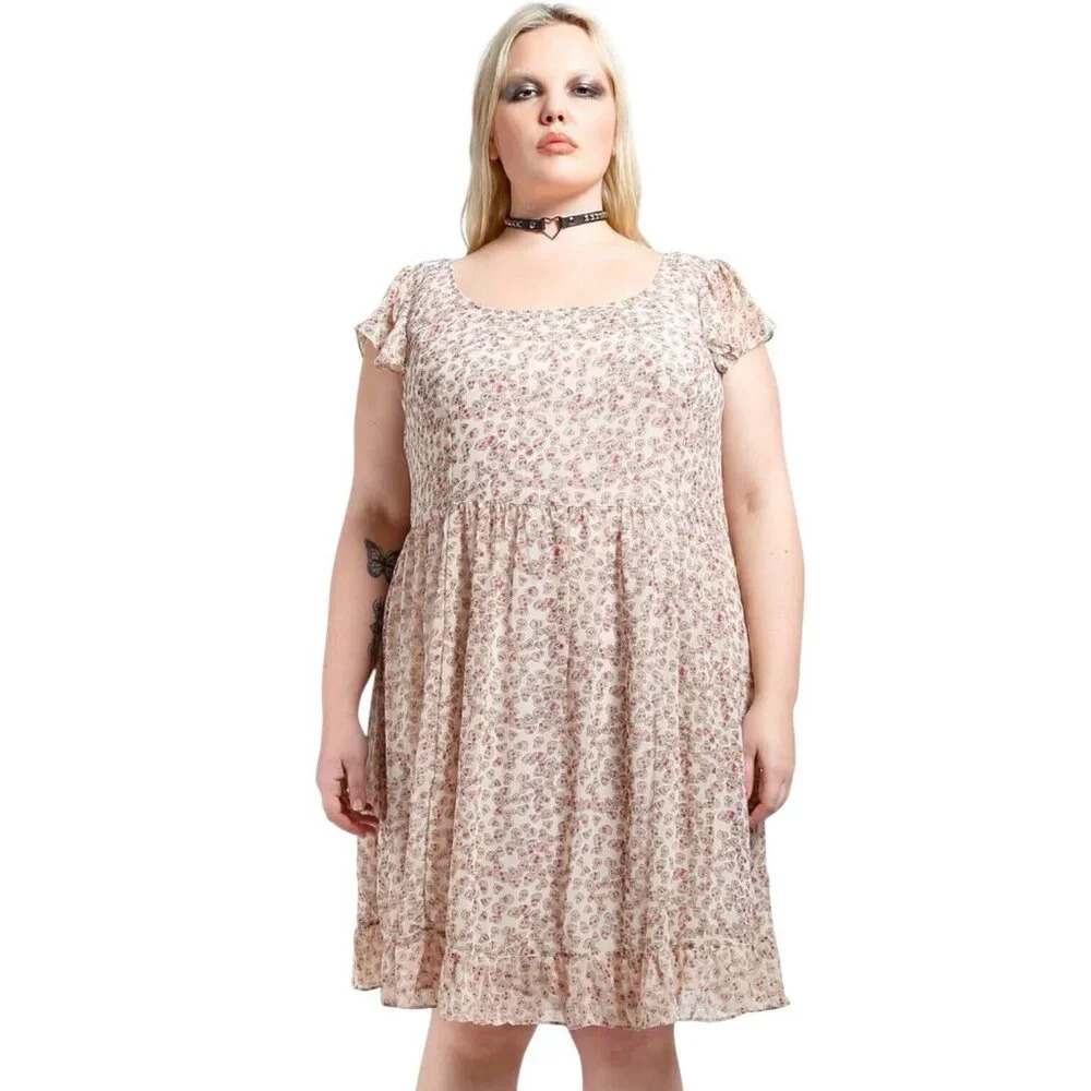 Tripp NYC Sookie Skull Chiffon Dress Size 22 Punk Goth Whimsigoth Tan Flaw